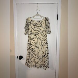 DKNY Cream and Black Leaf Pattern Midi Dress‎